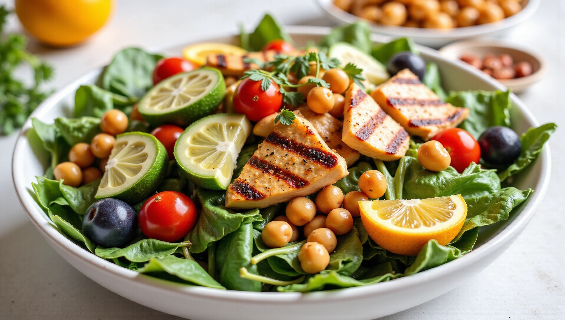 A vibrant image of a fresh, healthy salad with various vegetables, fruits, and nuts, representing a balanced diet and wellness.