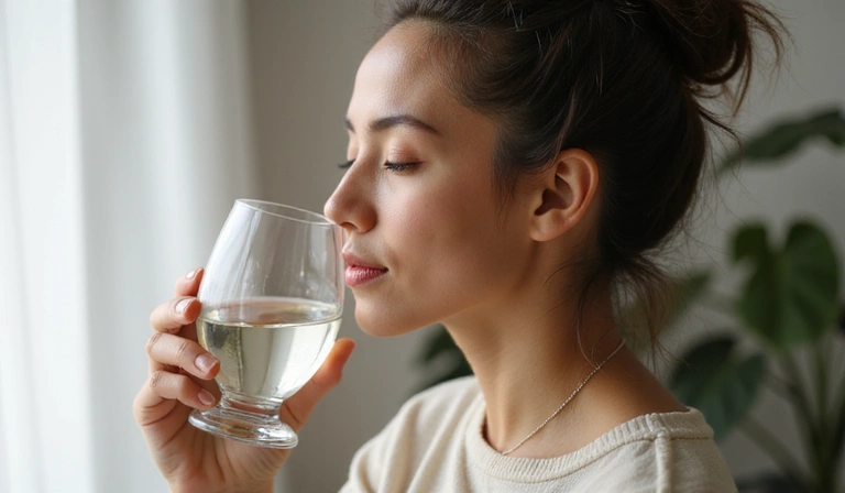 Person drinking water mindfully with closed eyes